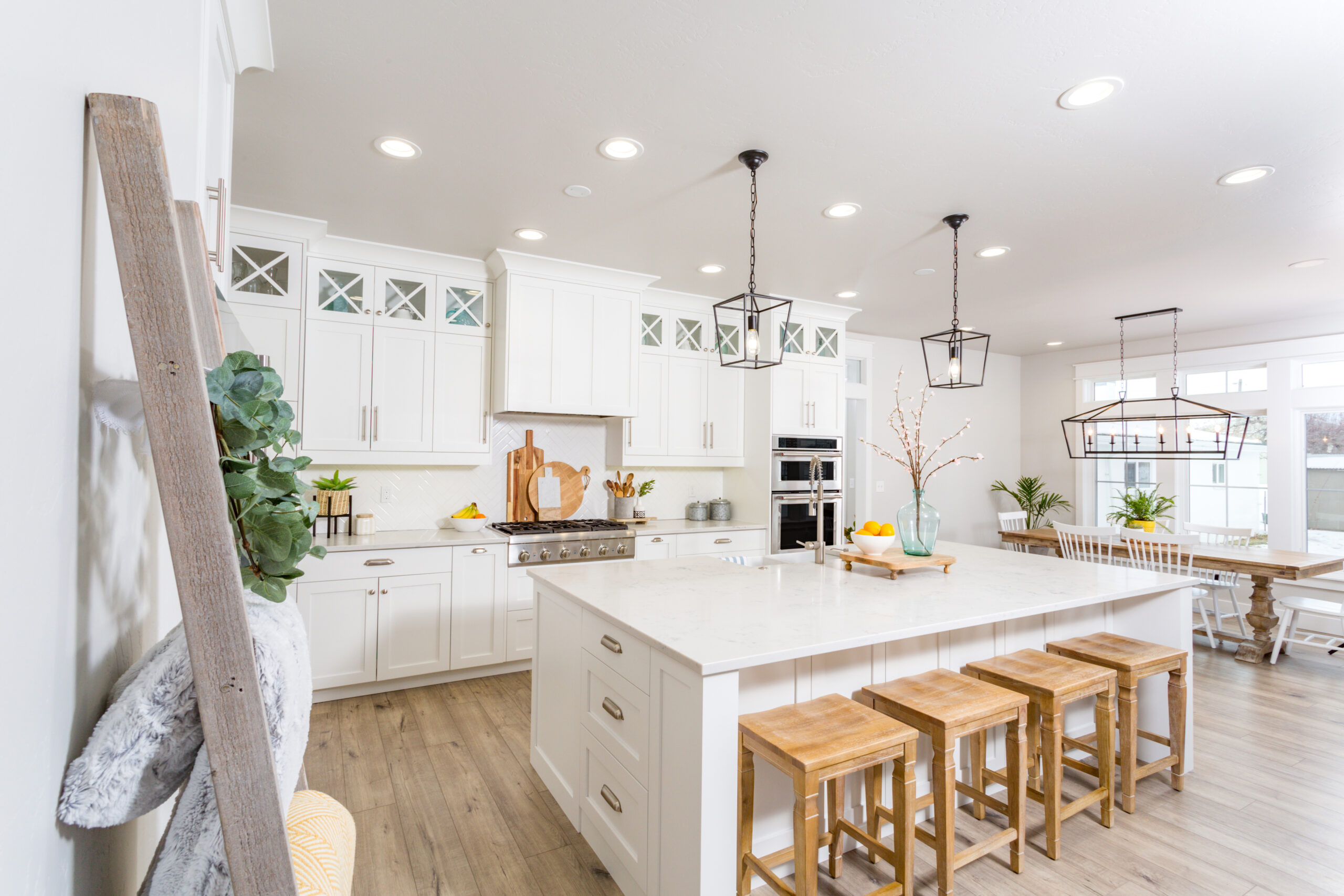A light, bright kitchen in a modern farmhouse.