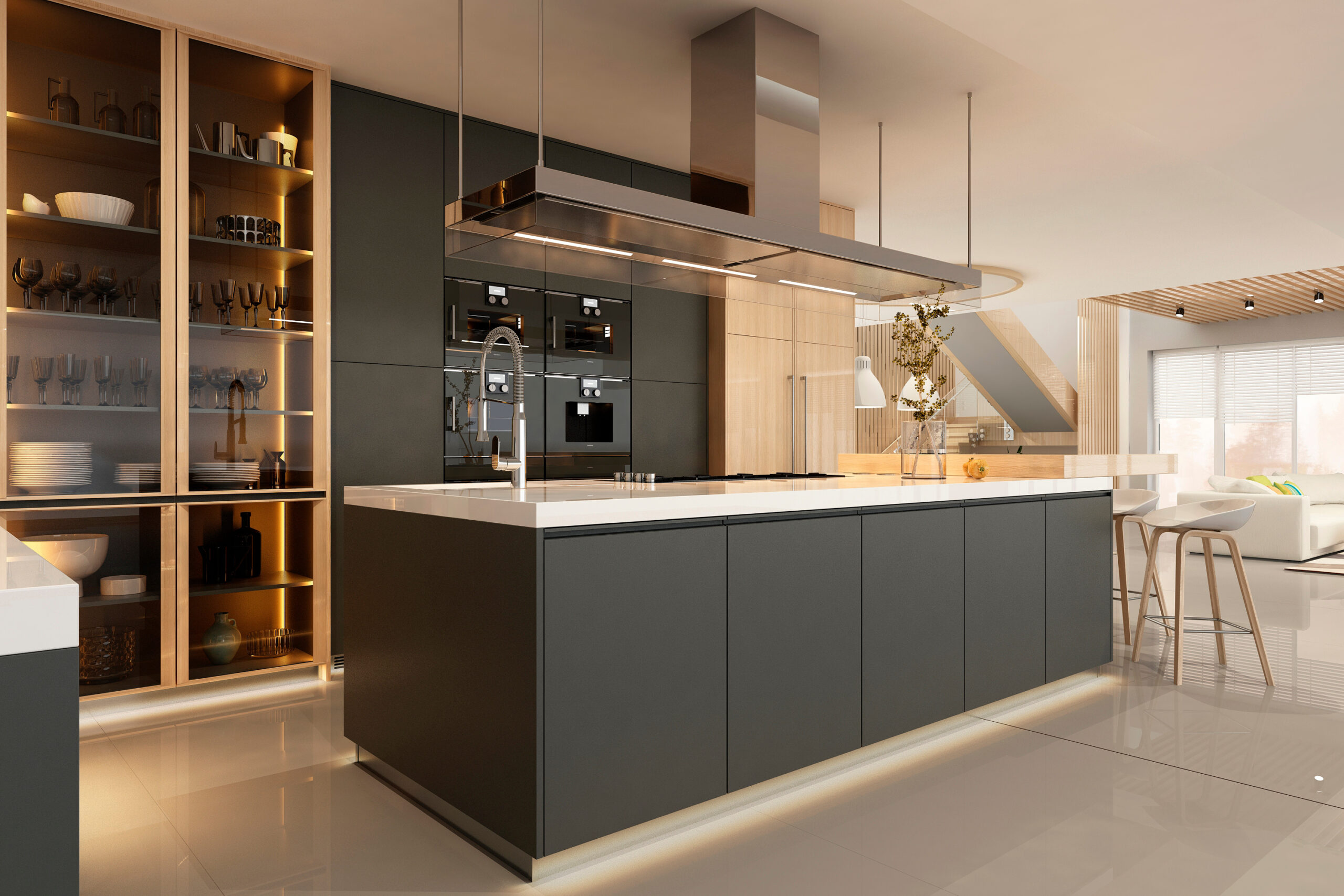 Modern luxury kitchen interior in black and tan colors