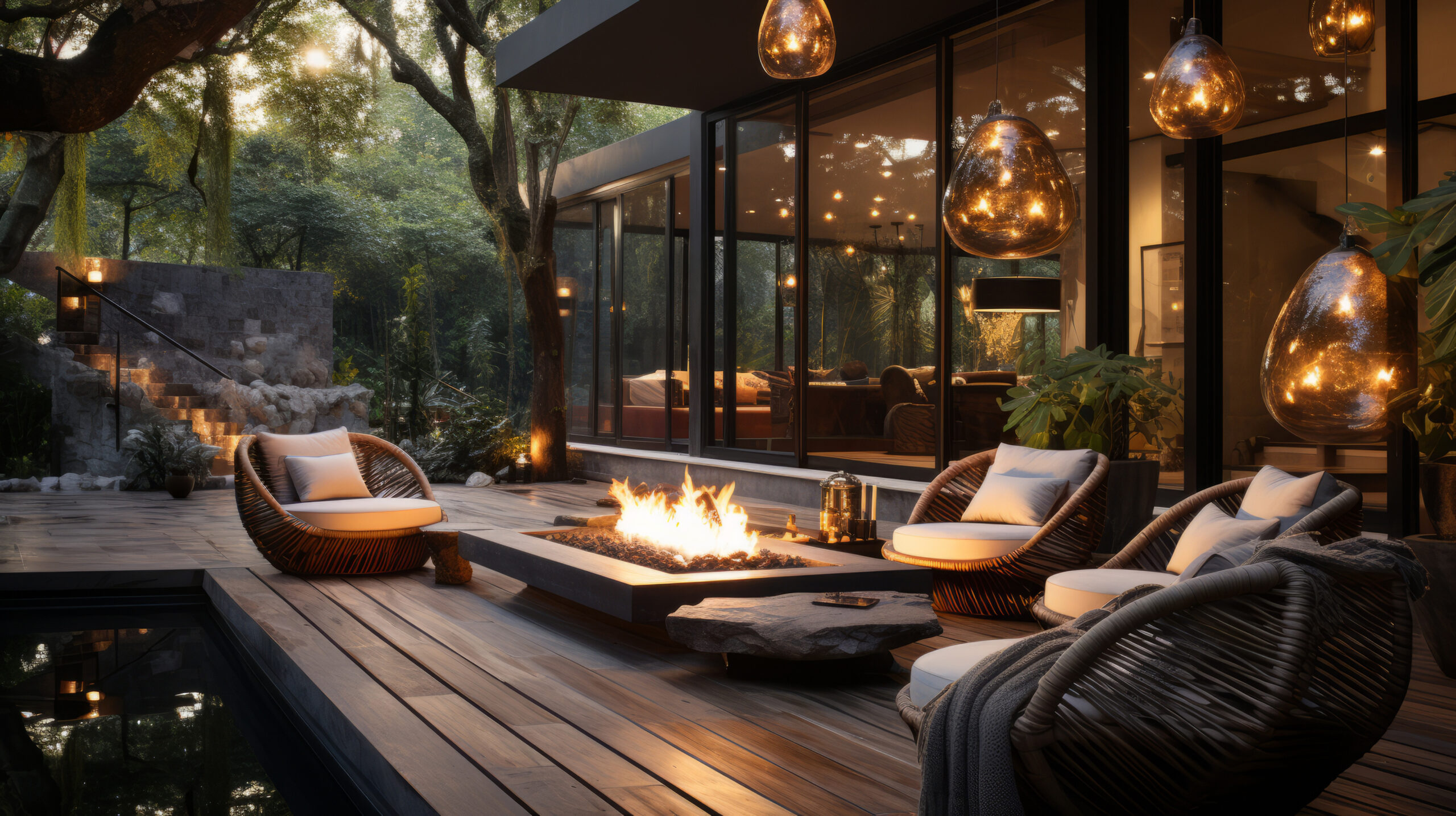 An image of a beautiful outdoor seating area, with several luxurious chairs arranged around a fire pit.