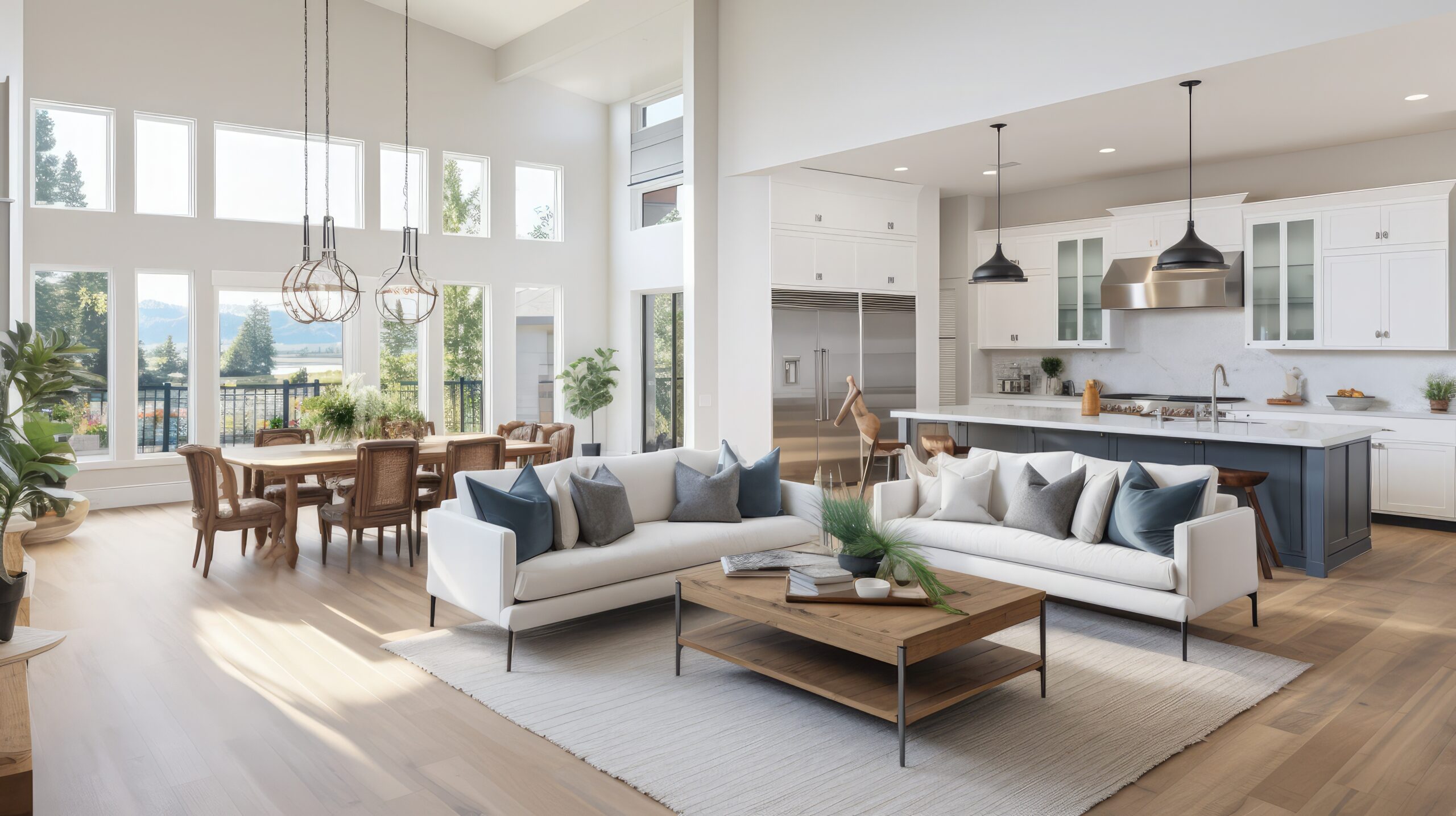 Beautiful living room interior in new luxury home with view of kitchen. Home interior with hardwood floors and open floor plan showing dining room, kitchen, and living room. Has high vaulted ceilings.