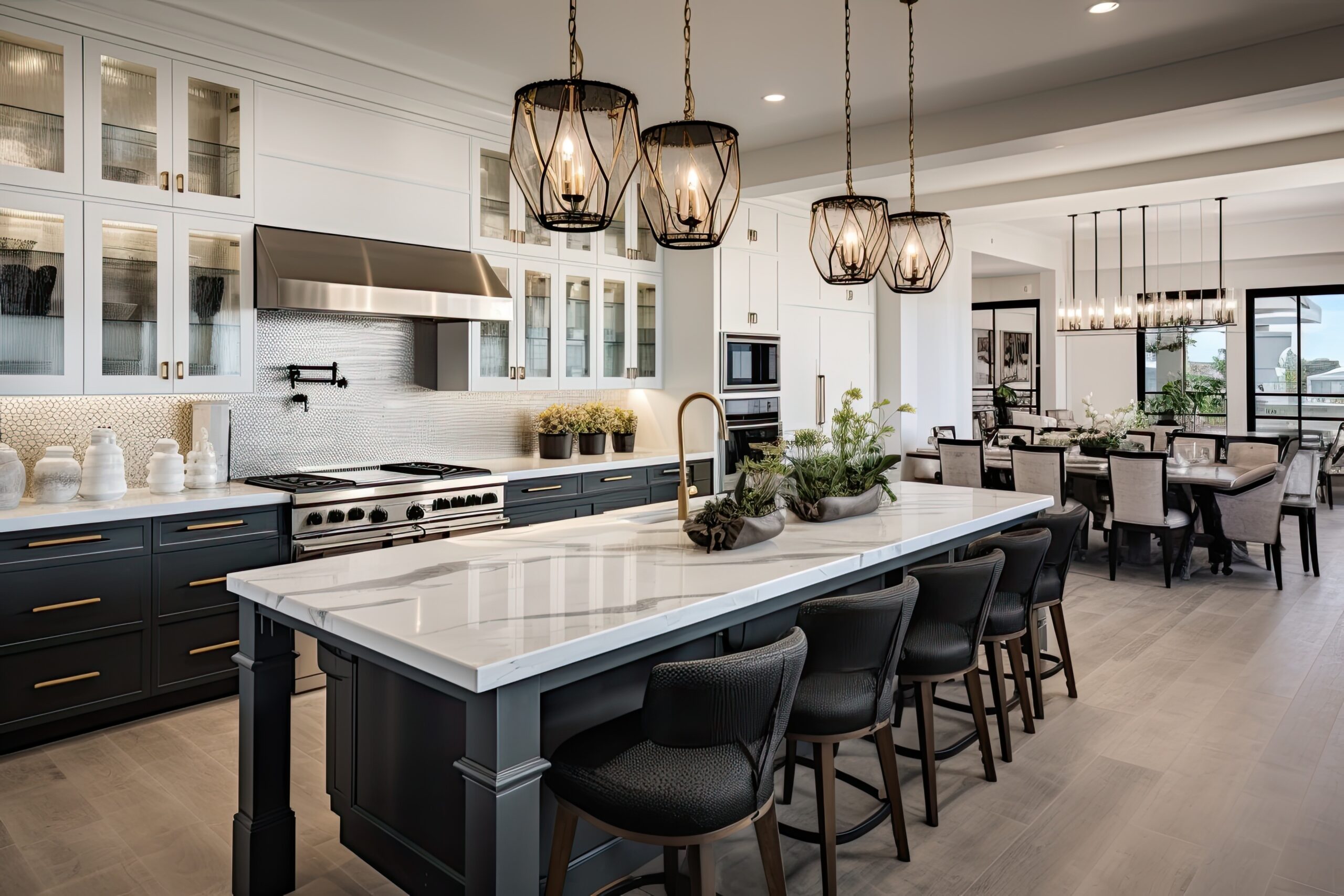 Kitchen space in new luxury home designed and decorated with high end features and luxurious details.