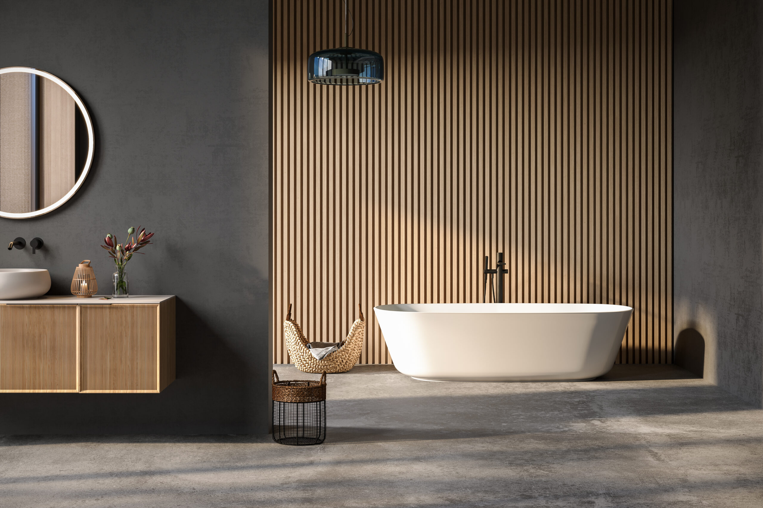 Comfortable bathtub and vanity with basin standing in modern bathroom.