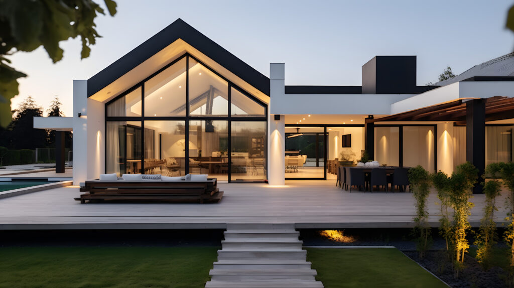 View of luxurious modern house exterior with dining space and garden